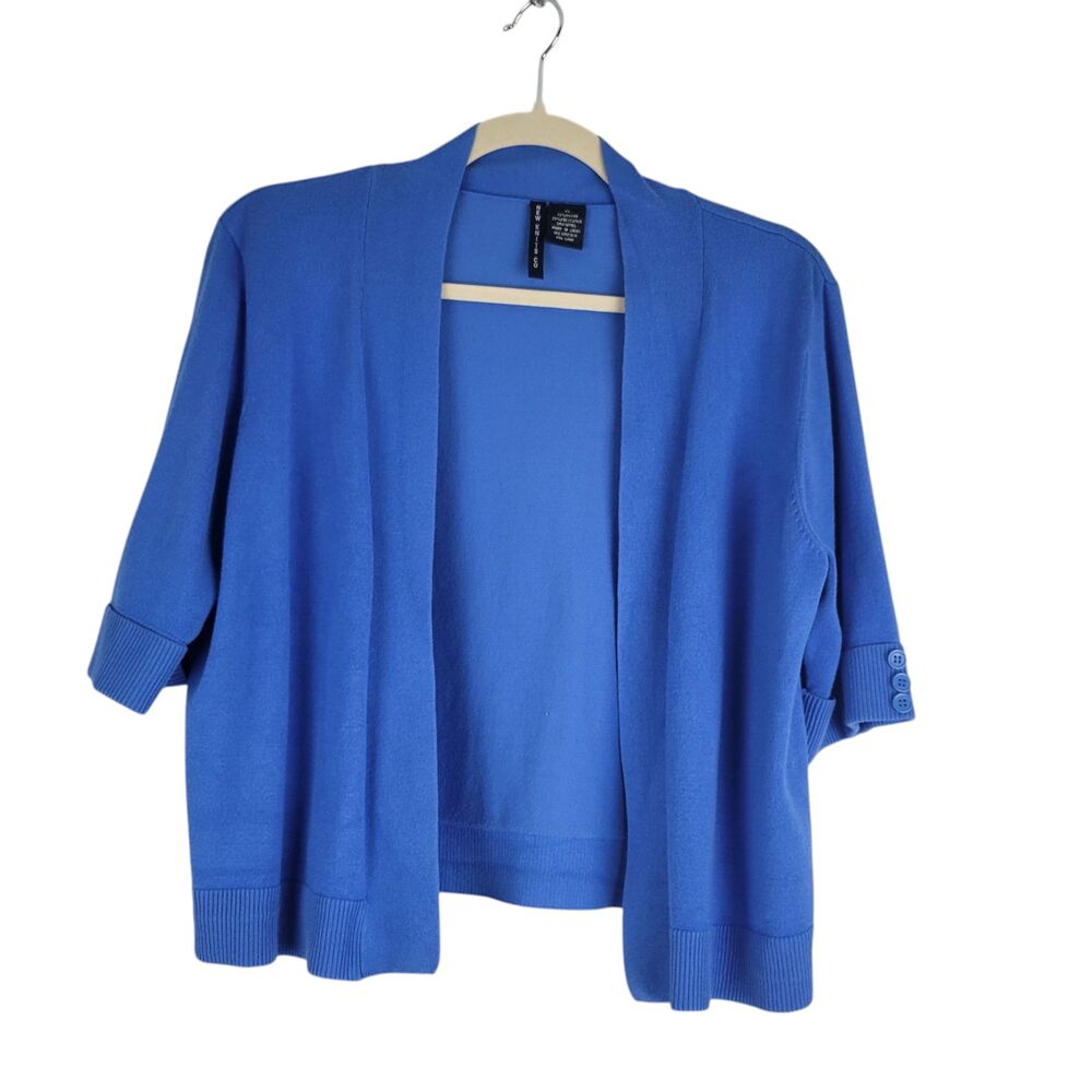 New Knits Co Top Women's size XL Open Cardigan Crop Sweater 3/4 Sleeve Blue